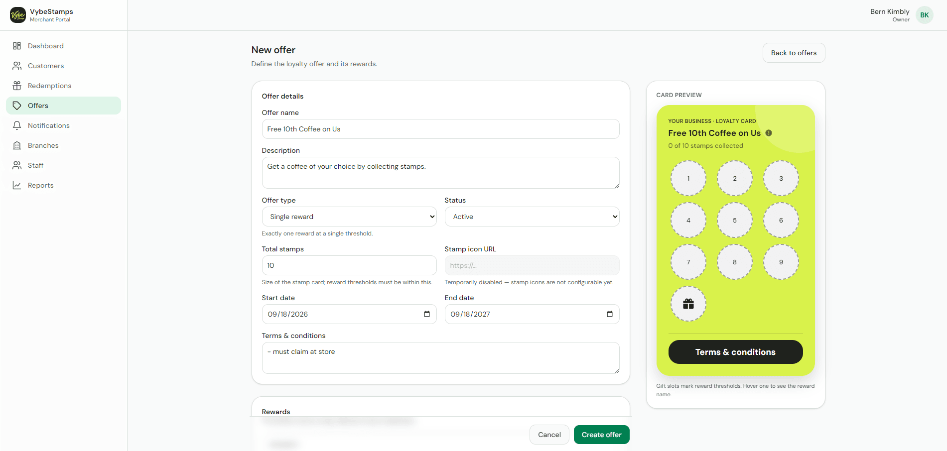 VybeStamps merchant portal showing offer editing and loyalty card preview